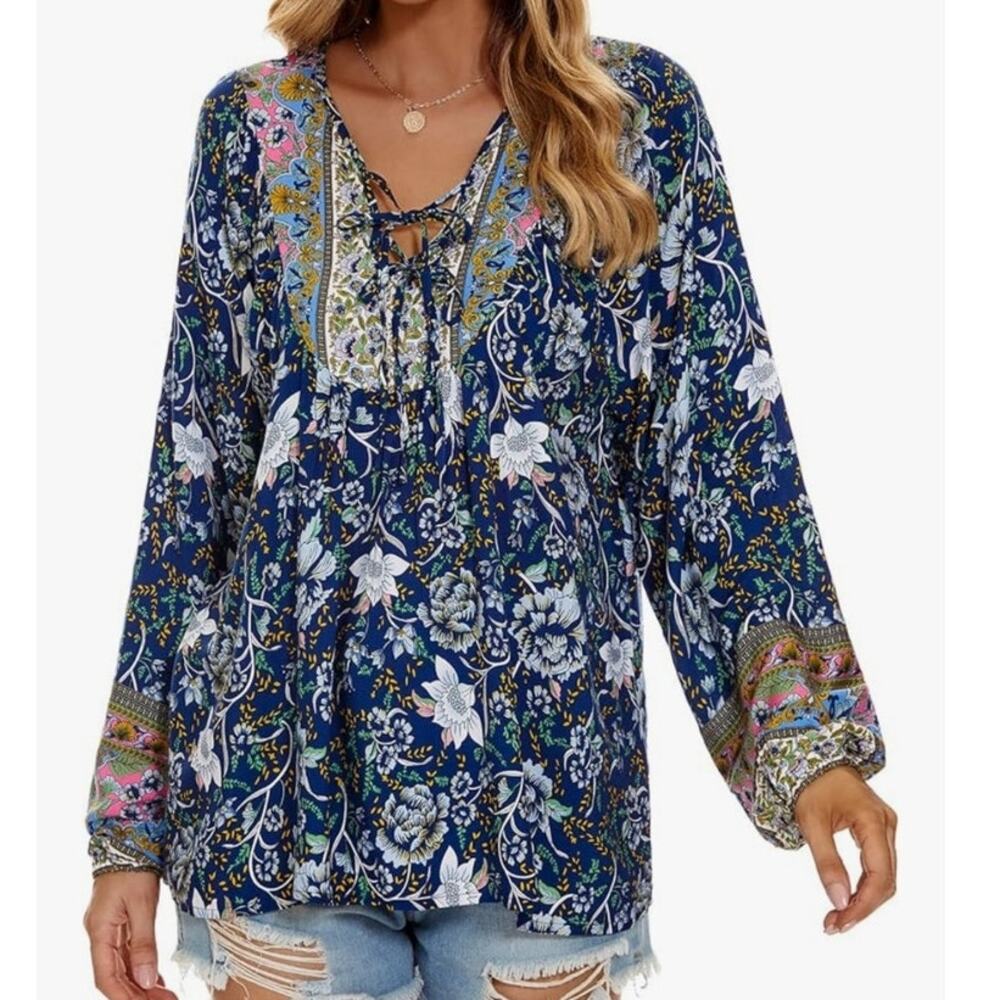 Vogebund Bohemian Floral Flowy Peasant Boho Self-Tie V Neck Blouse Size Medium
